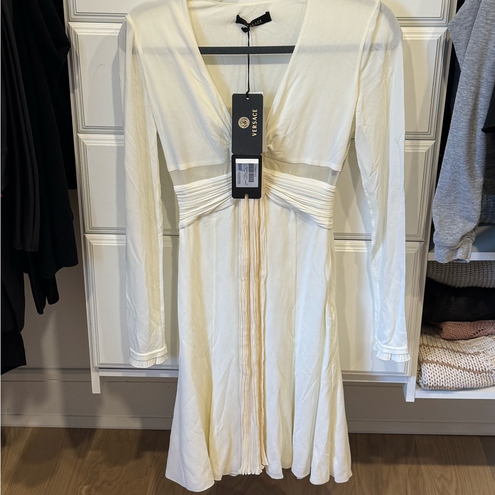 Versace Cream Long Sleeve V-Neck Empire Waist Dress